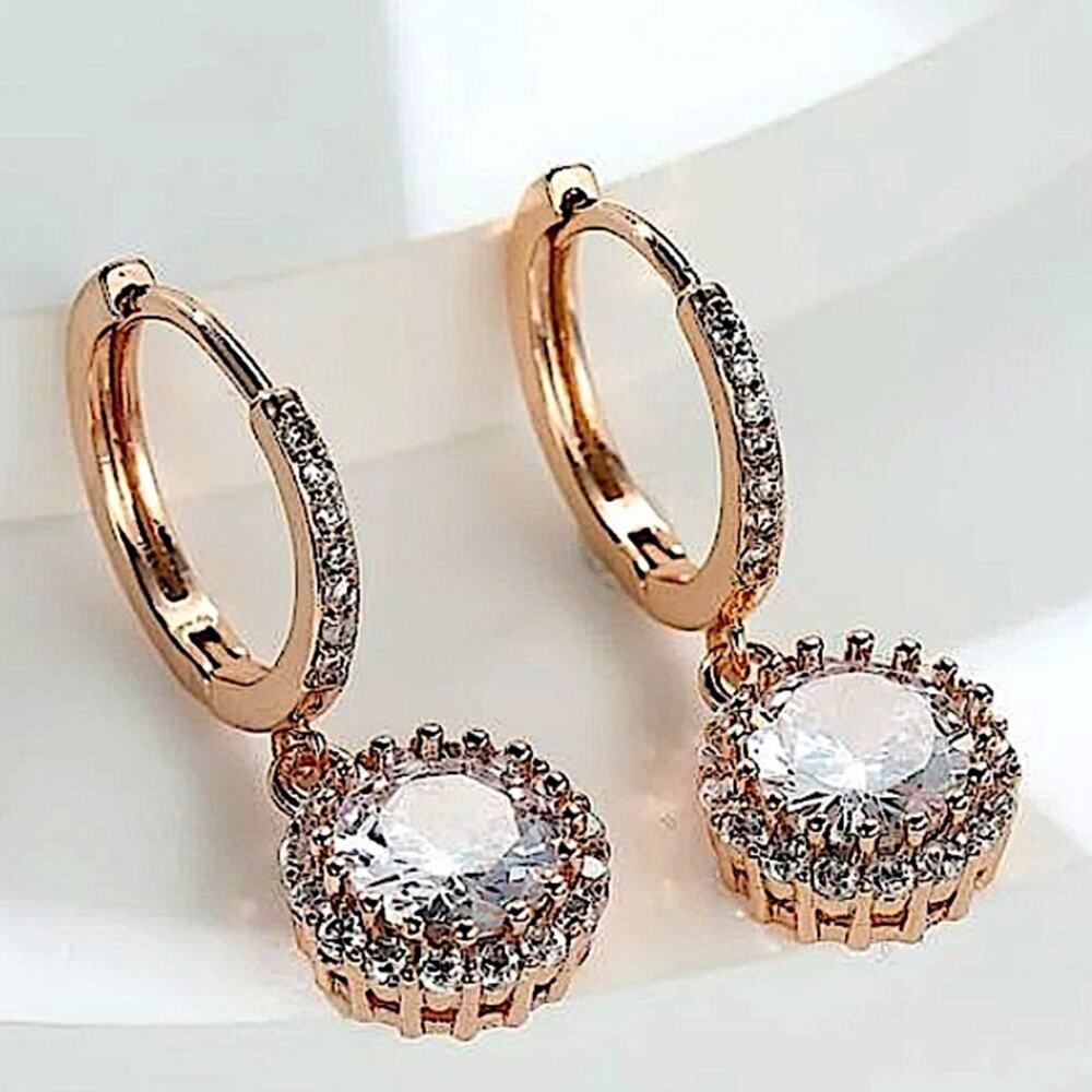 Gold 18K GP Diamond Round Drop Dangle Earrings